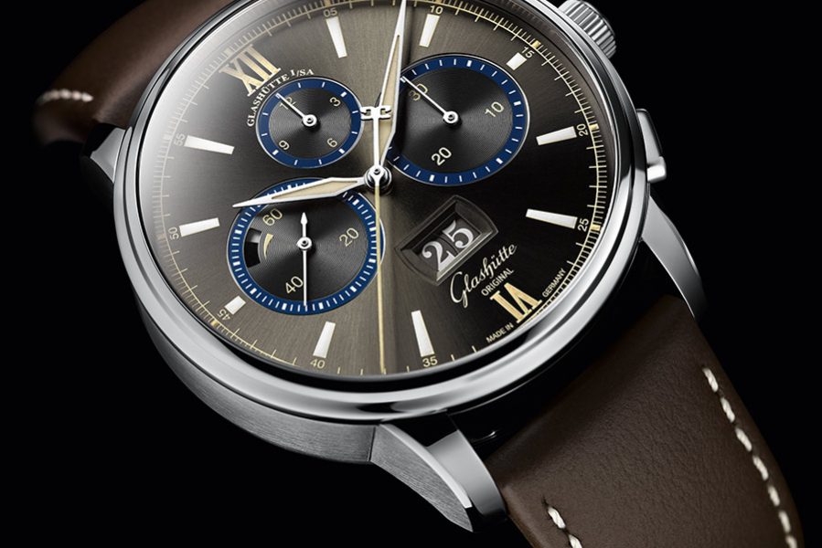 The stainless steel Glashütte Original Senator Chronograph Capital Edition watch with Bourbon Grey dial and blue and white accents is being made in a limited edition of just 100 pieces.