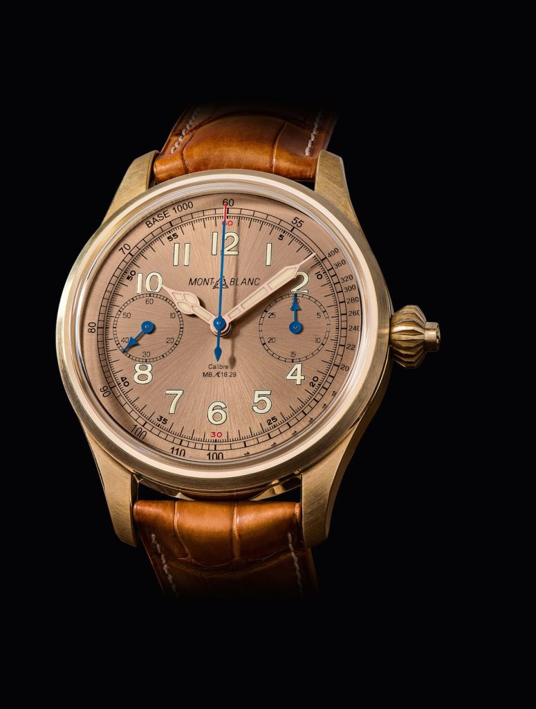 The new Montblanc 1858 Chronograph Tachymeter Limited Edition 100 timepiece is crafted in bronze with a salmon-colored dial. 
