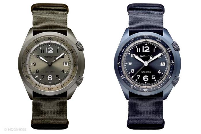 The current  Hamilton Khaki Pilot Pioneer Aluminum is light weight yet rugged thanks to a special hardening  treatment that also enables it to be color treated. Four versions are offered. 