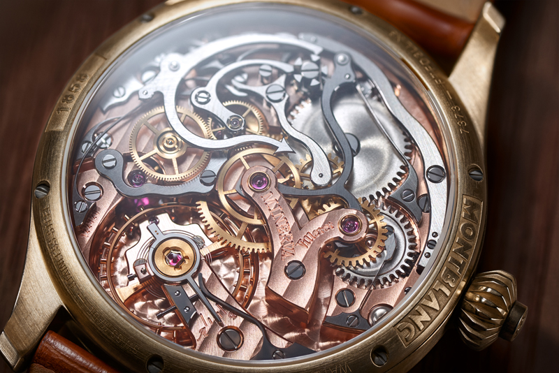 The caseback of the new Montblanc bronze 1858 shown at SIHH 2017 is transparent for viewing of the movement. 