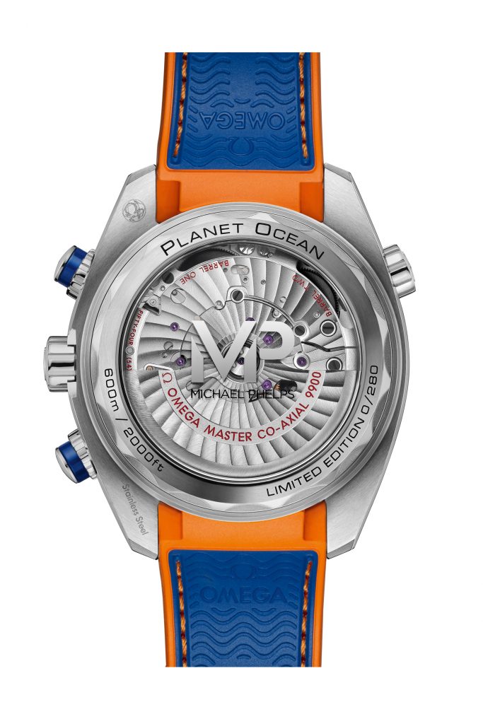 The Omega Seamaster Planet Ocean Michael Phelps watch is powered by the Caliber 9900. 