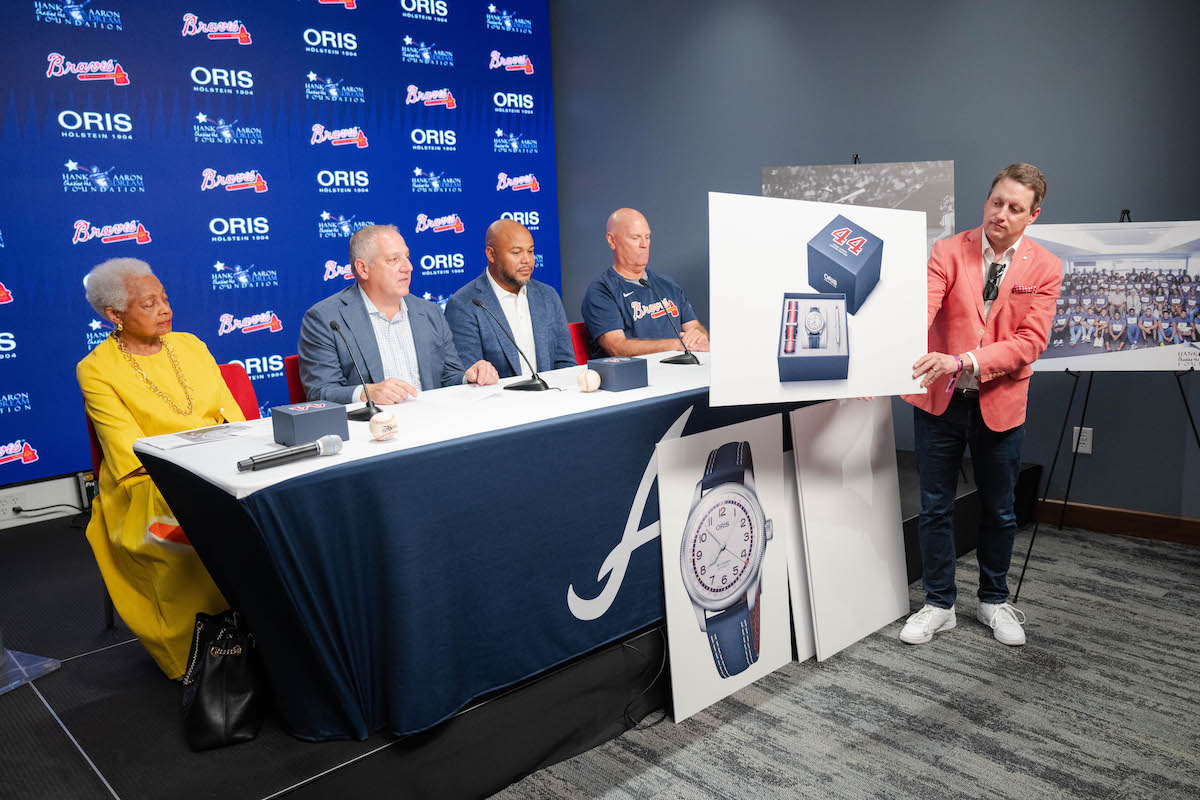 Oris held a press conference to unveil the Hank Aaron Limited Edition watch at Truist Park on July 28, 2023 in Atlanta, 