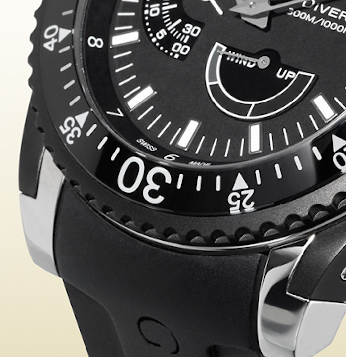 The Gucci Diver watch is water resistant to 300 meters and offers luminescent readability under water