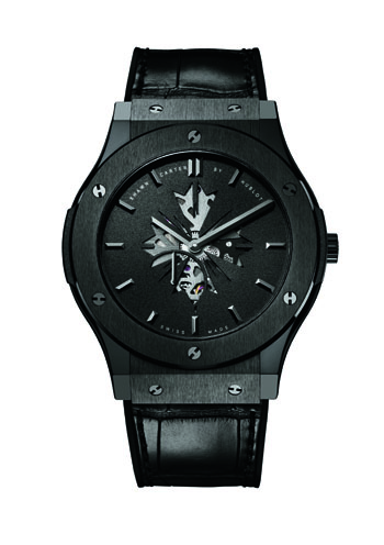 The new Shawn Carter by Hublot watch is being offered in either black ceramic or 3N yellow gold .