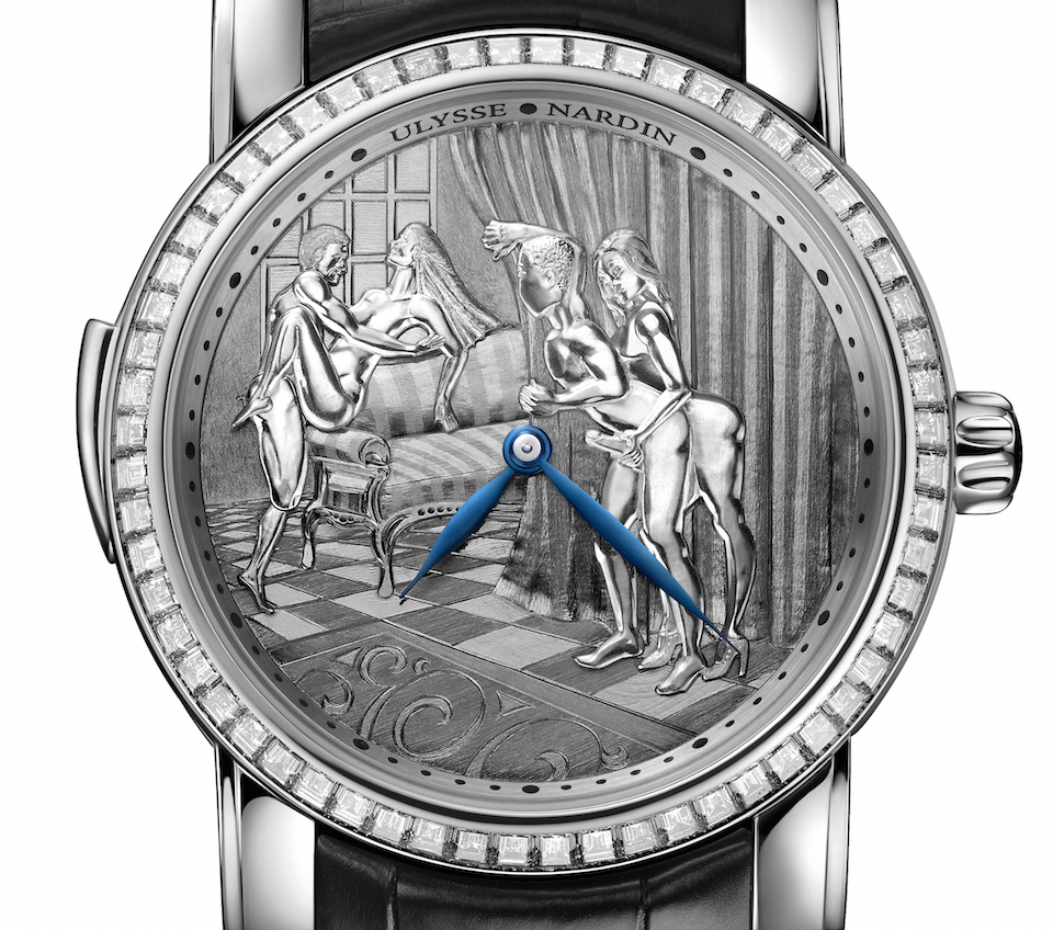 SIHH 2018: The Ulysse Nardin Classic Voyeur Erotic watch is offered in rose gold, or in platinum and there is a version finished with a diamond-set baguette bezel. 