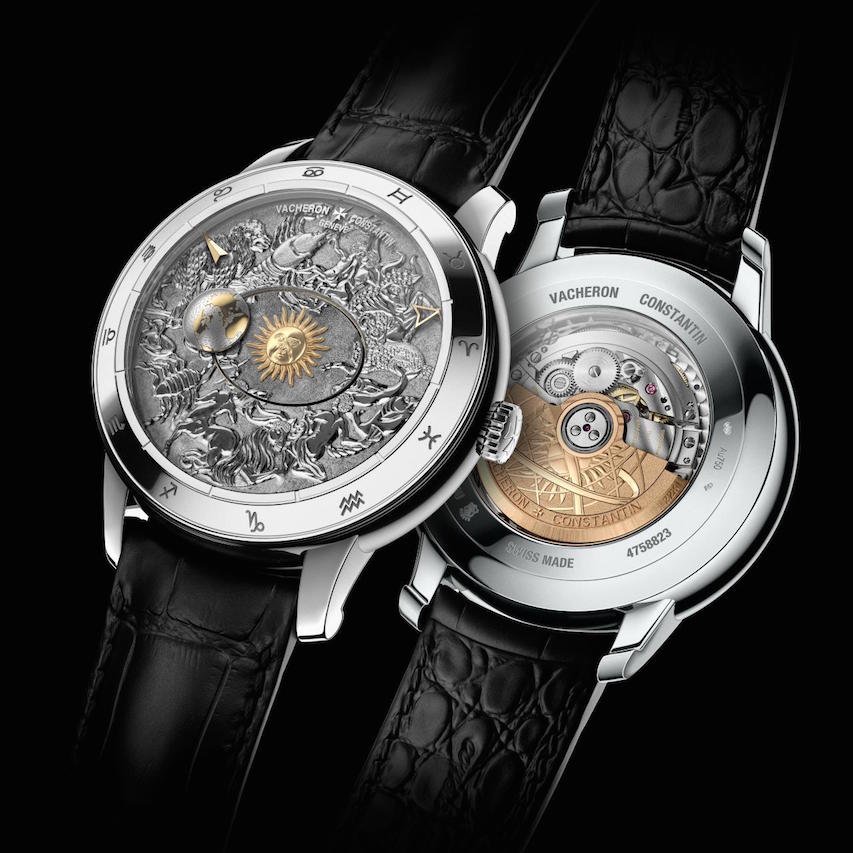 The hand-engraved dial of the Vacheron Constantin Metiers d'Arts Celestial Spheres 2460RT watches is done in baroque style. Here, you can also see the 352-part caliber 2460RT. 
