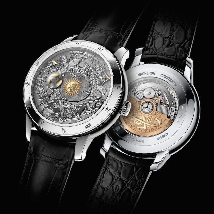 The hand-engraved dial of the Vacheron Constantin Metiers d'Arts Celestial Spheres 2460RT watches is done in baroque style. Here, you can also see the 352-part caliber 2460RT.