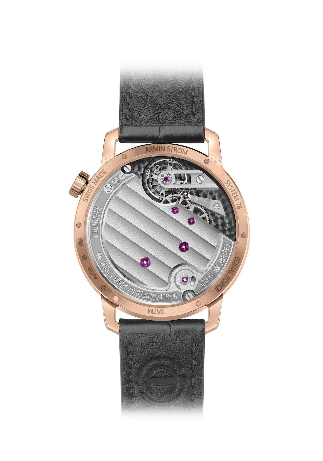 The fine finishing of this independent brand can be seen via the transparent sapphire crystal case back of the Armin Strom Tribute 1 Rose Gold watch 