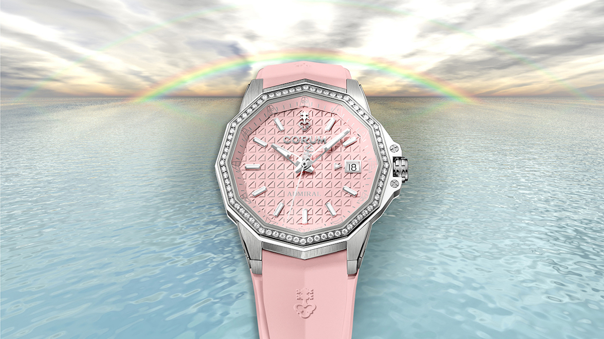 Corum Admiral 38 Automatic watch with pink dial and strap. 