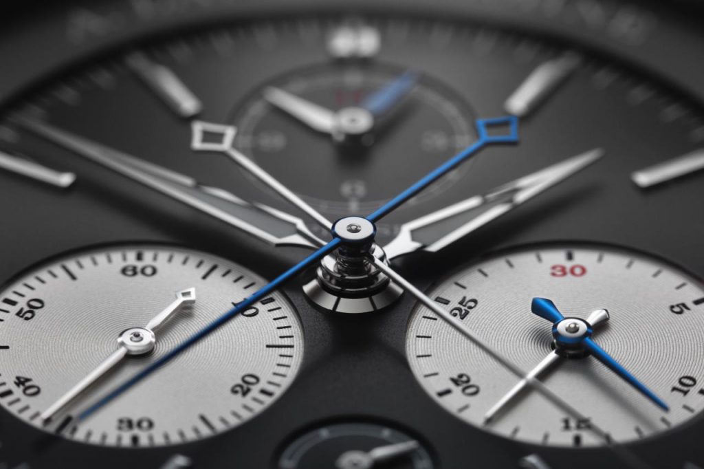 Close-up details of the dial of the A. Lange & Sohne Triple Split Chronograph.
