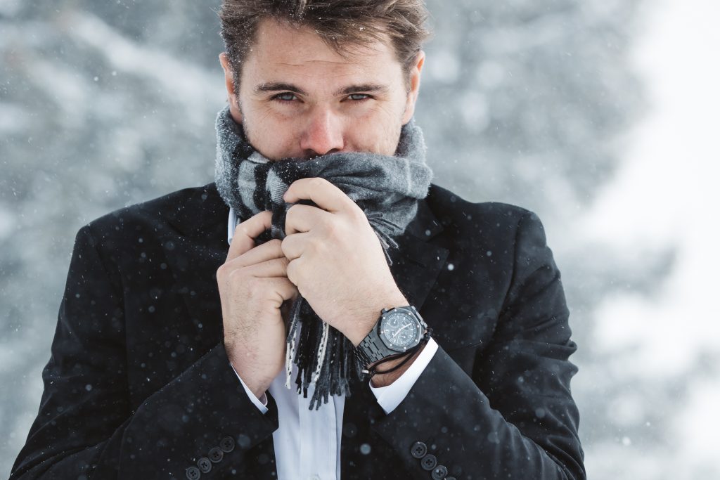 Stan Wawrinka bundling up while wearing his Audemars Piguet watch.