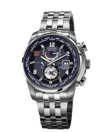 Created with Eli Manning, the new The Citizen Eco-Drive Limited Edition Eli Manning World Time A.T watch features blue dial and red number 10. 