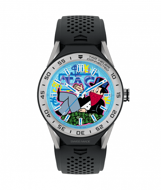 TAG Heuer Connected Modular 45 watch with dial created by graffiti artist Alec Monopoly, was unveiled at Art Basel Miami. 