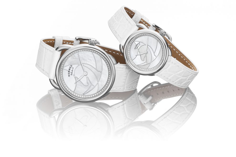 Arceau_Cavales_White_Ambiance Hermes Arceau Cavils watches with white mother of pearl dial and Cavales horse motif.