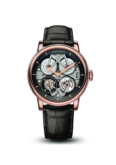Front view of the Arnold & Son Constant Force Tourbillon watch demonstrates elegant symmetry in design.