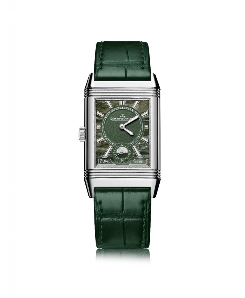 Jaeger-LeCoultre turns to stone dials, as well, for the Atelier Reverso concept, such as this green Military-hued marble. 