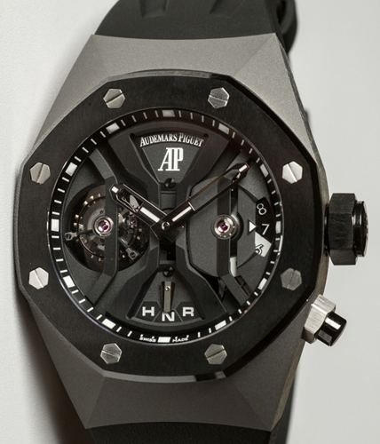  The Audemars Piguet Royal Oak Concept GMT Tourbillon in black ceramic and titanium. 