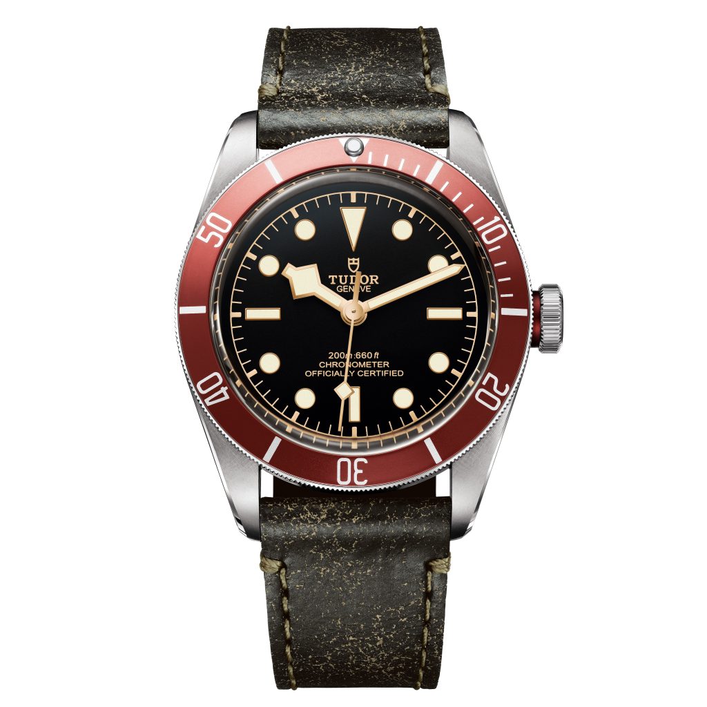 In the Tudor "Born to Dare" campaign, Lady Gaga dons the Tudor Black Bay Red watch on leather strap. This line celebrates its 60th anniversary this year.