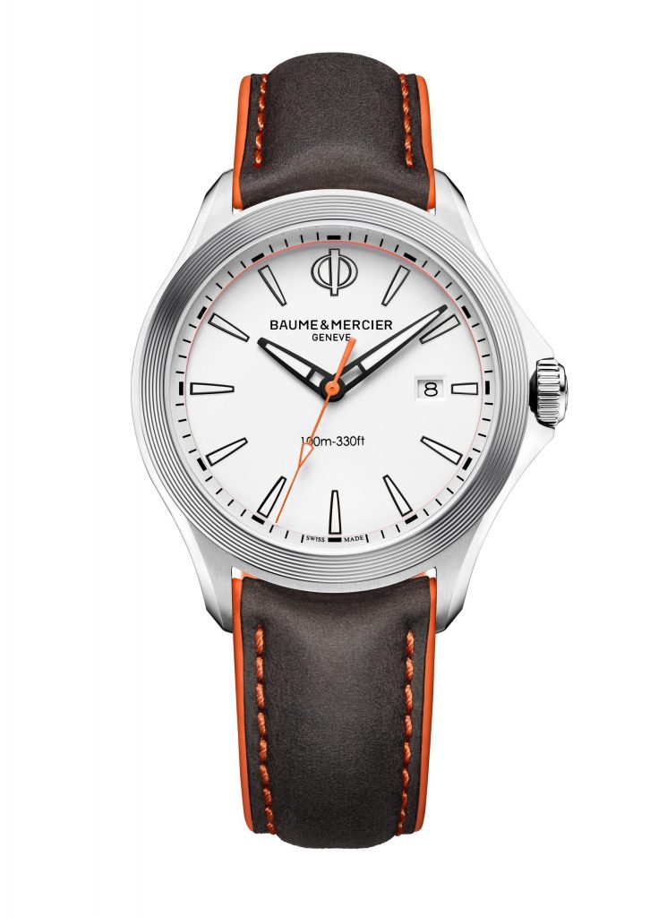 Baume & Mercier Clifton Club quartz watch with white dial and nubuck calfskin strap for the US market