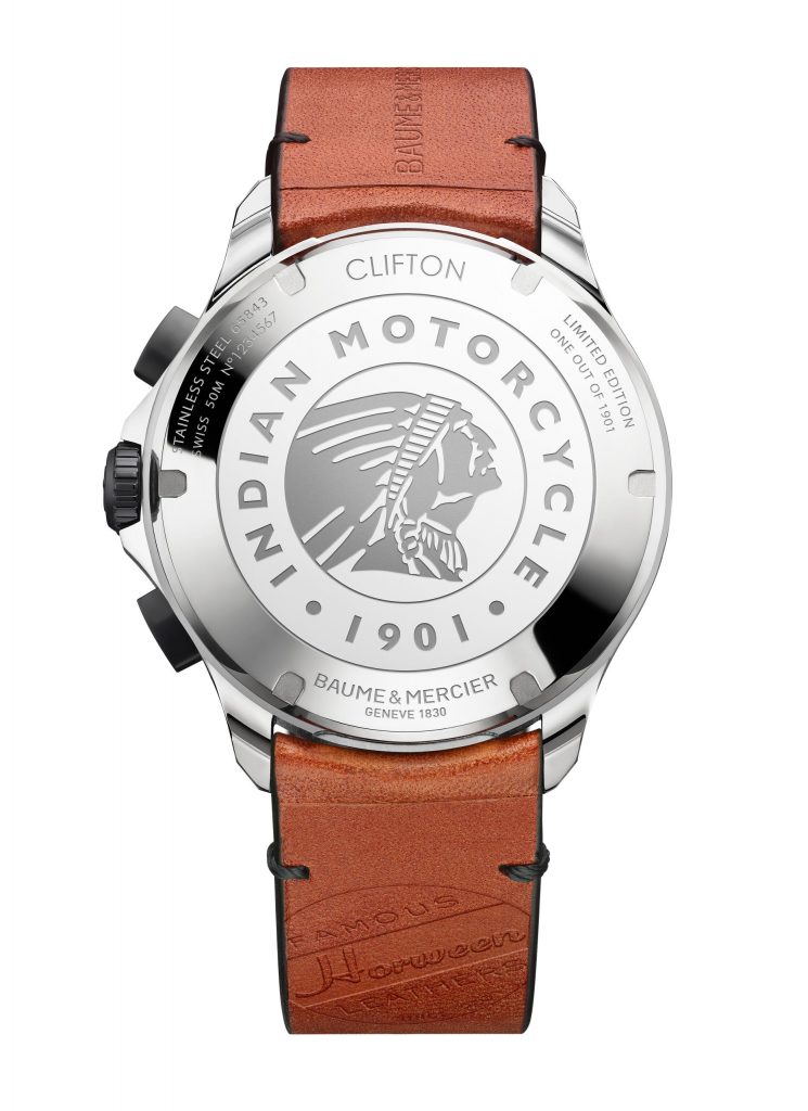 The back of the Baume & Mercier Clifton Club Indian Legend Tribute watches feature the Indian head logo inscribed on it and the numbered edition. 