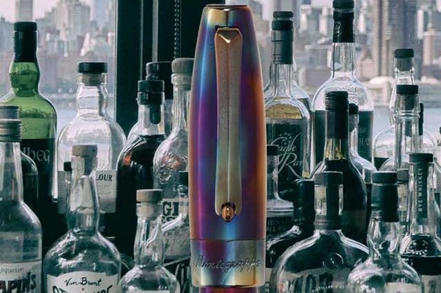 Montegrappa Fortuna Blue Blazer writing instrument is created by torching the steel body and cap with fire.