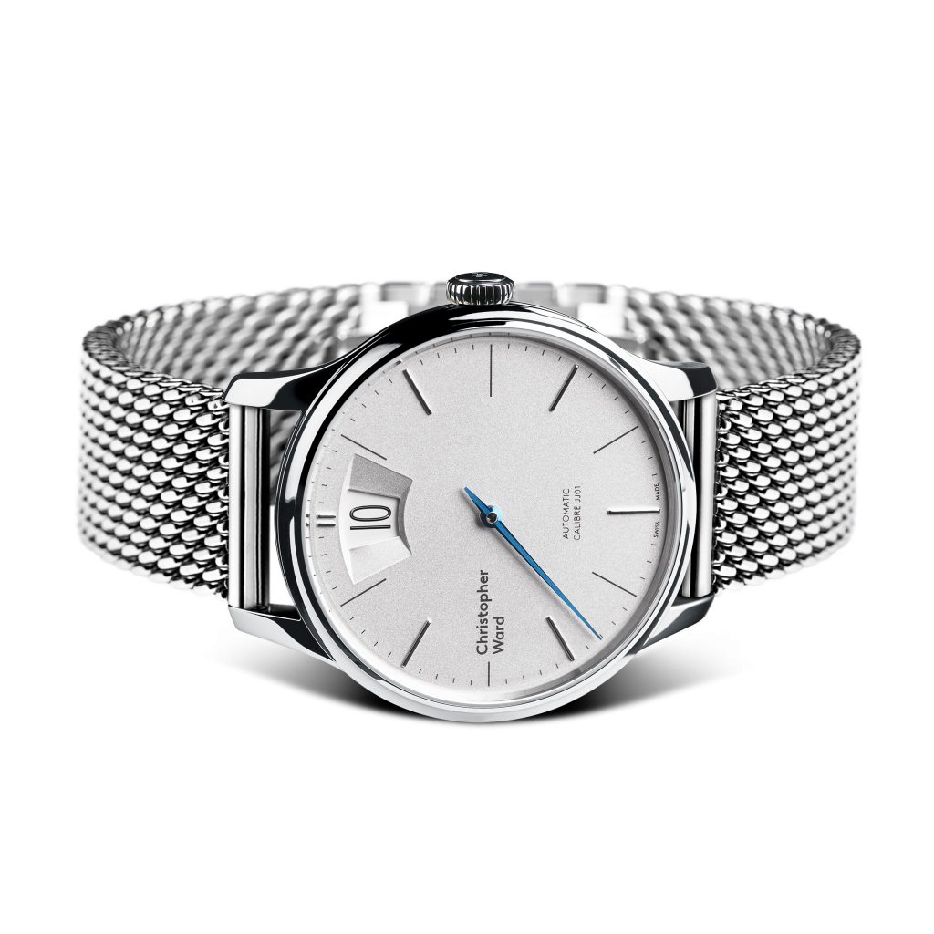 Christopher Ward C1 Malvern Jumping Hour watch on Milanese mesh bracelet. 