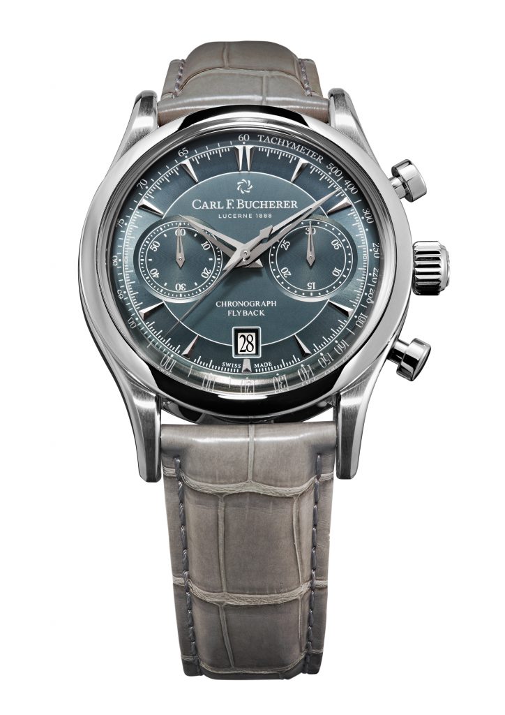 There are three versions available of the Carl F. Bucherer Manero Flyback, but we love this blue dial and gray strap model.