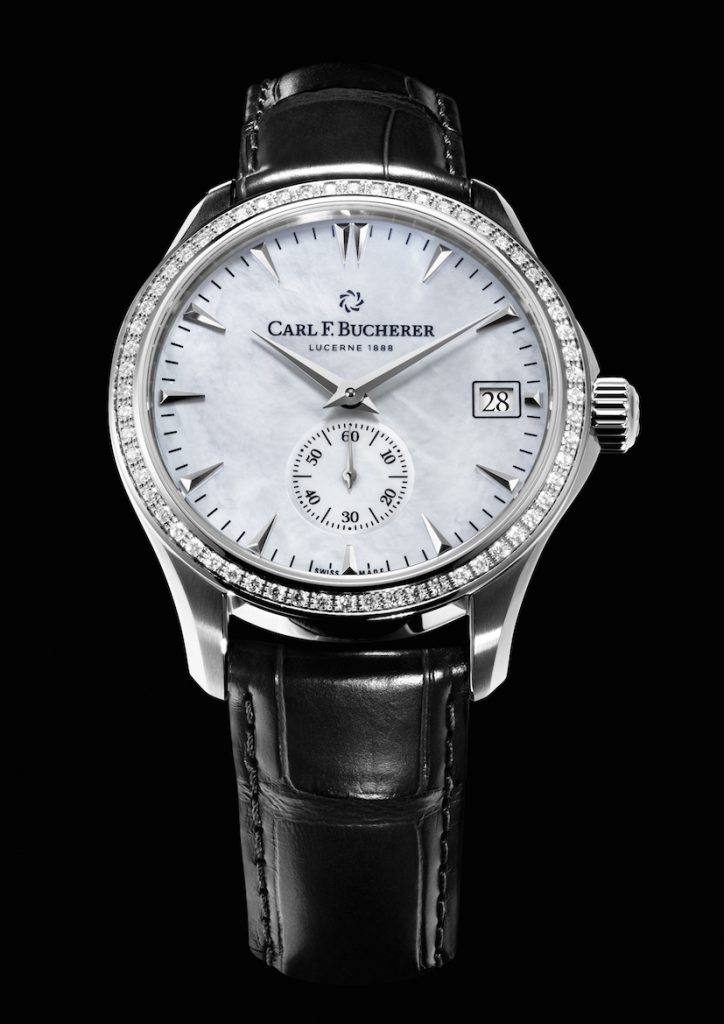 The Carl F. Bucherer Manero Peripheral women's watch is offered in white mother of pearl as well as chocolate brown mother of pearl. 