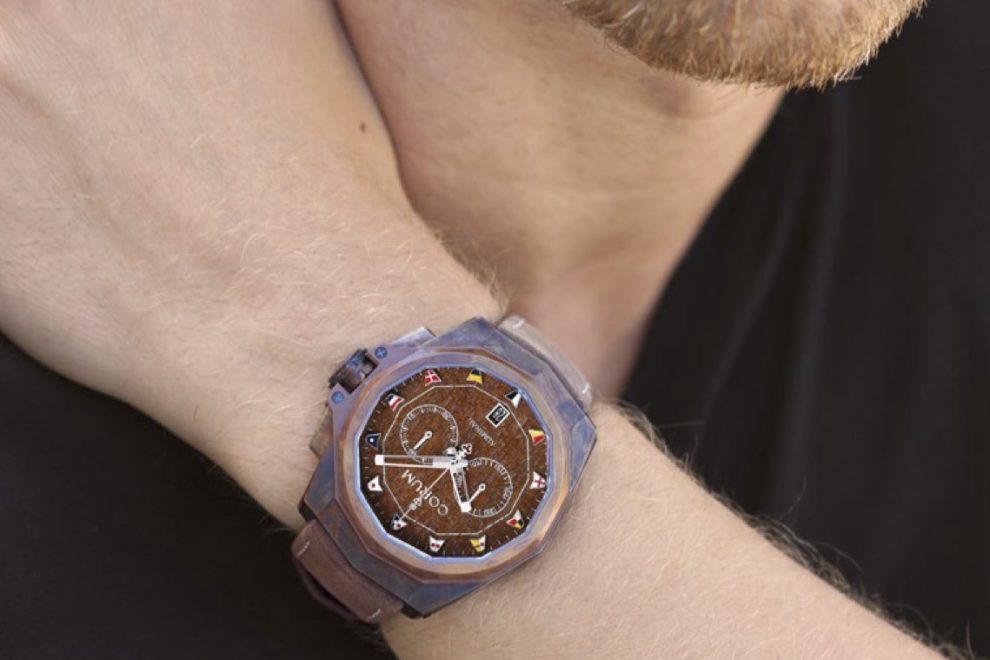 CP_Admiral AC-One Bronze wrist The CO116 Automatic movement powers the Corum Admiral Cup AC-One Bronze Chronograph.