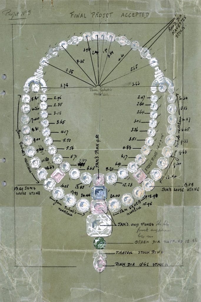 The original Cartier necklace made in 1931 no longer exists, but Cartier turned to its archives for the drawing. Cartier Archives Londres @ Cartier