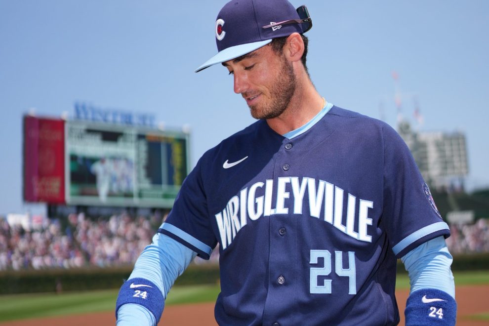 Chicago Cubs Player of the Month for July, Cody Bellinger and his Tudor Black Bay GMT watch, presented by CD Peacock_HR Chicago Cubs Player of the Month for July 2023, Cody Bellinger, receives a Tudor Black Bay GMT watch, presented by CD Peacock.
