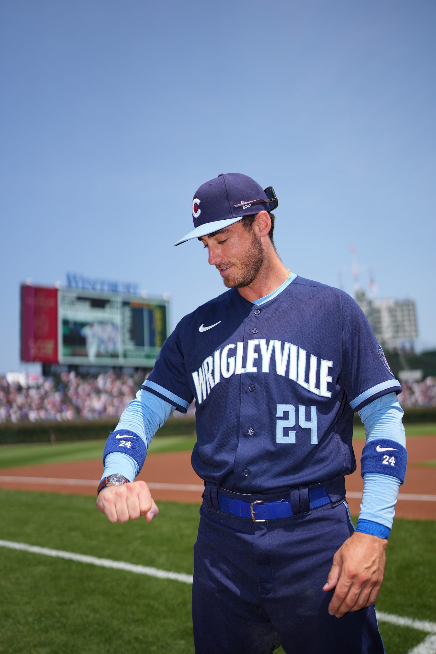 Chicago Cubs Player of the Monthfor July 2023, Cody Bellinger, receives a Tudor Black Bay GMT watch, presented by CD Peacock.