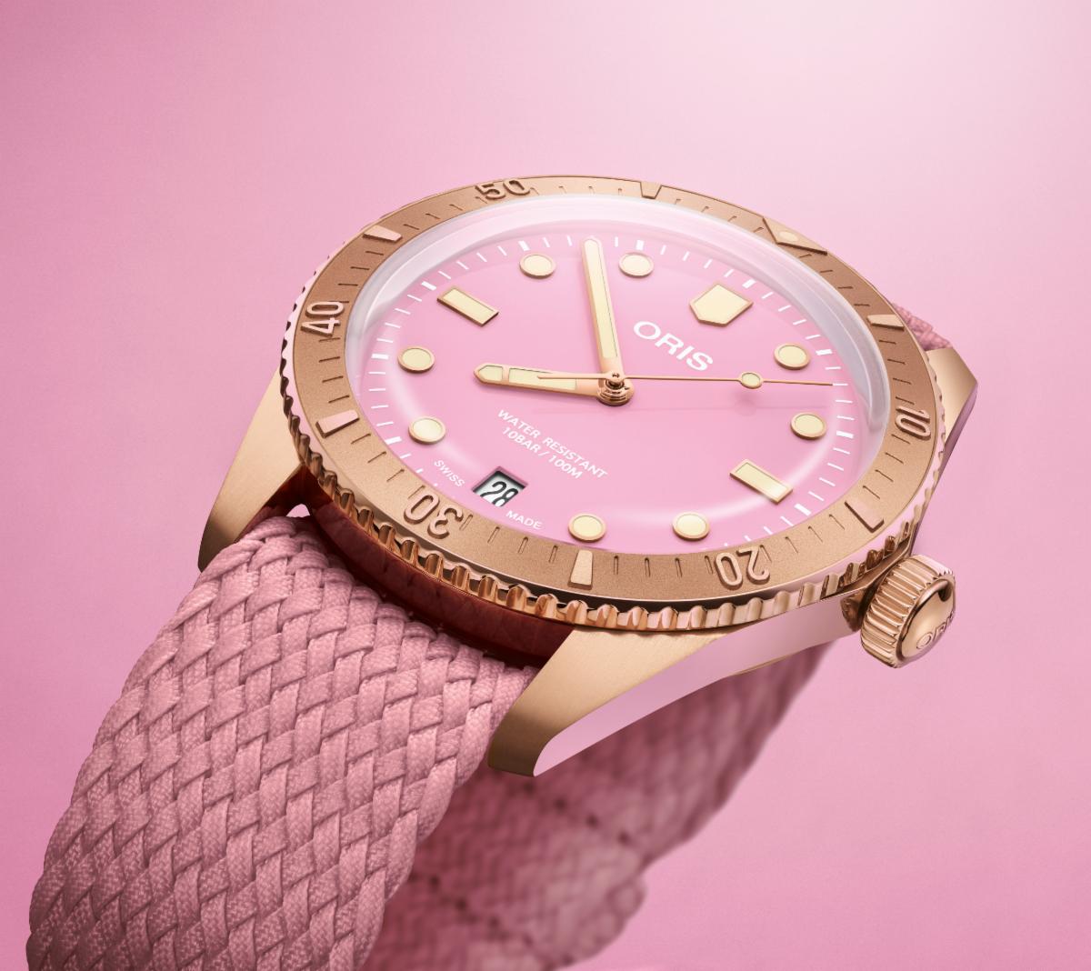 Oris Cotton Candy Divers Sixty-Five bronze watches with perlon straps made from recycled materials. 