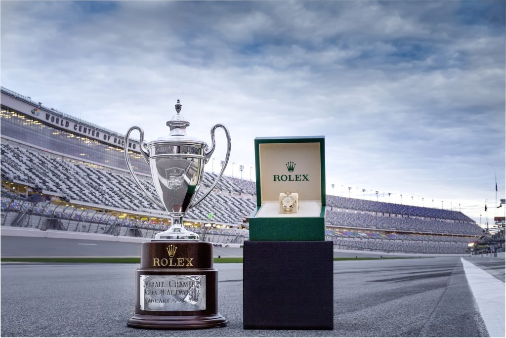 Rolex 24 At DAYTONA Trophy and the engraved Rolex Oyster Perpetual Cosmograph Daytona presented to the winners of the race