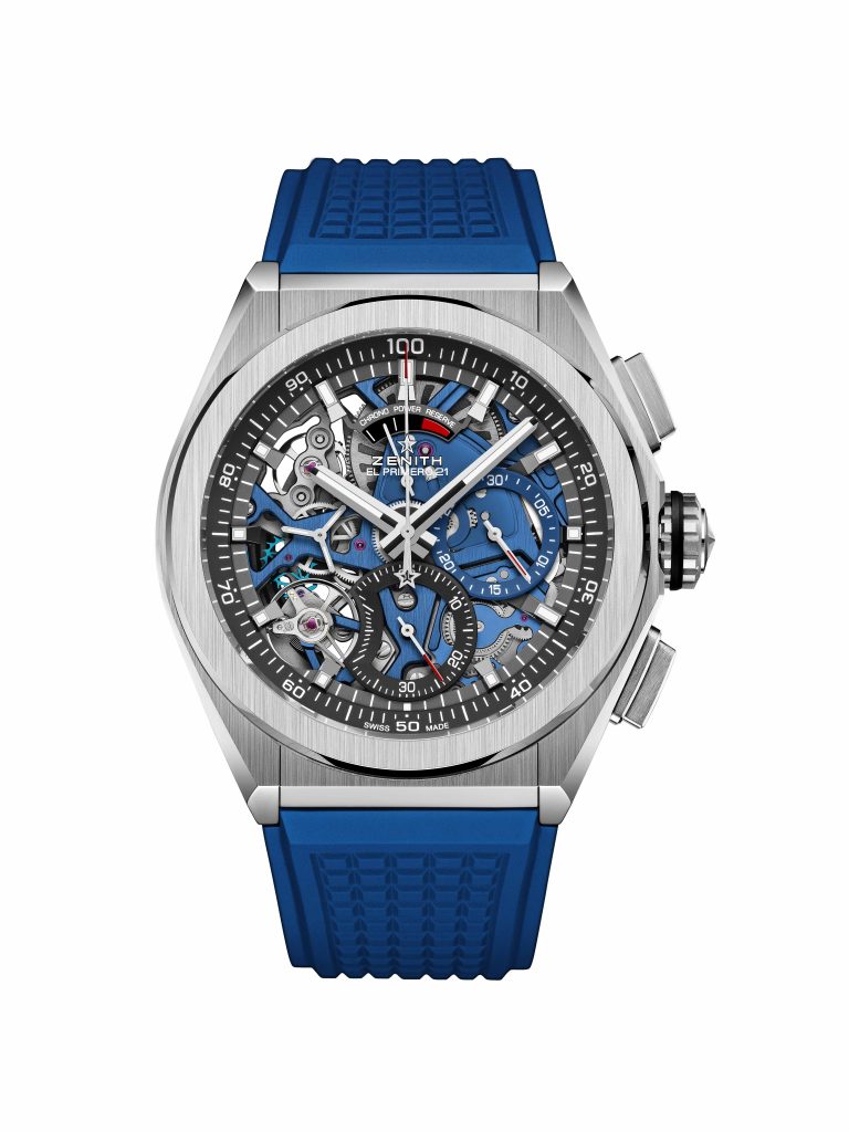 Zenith Defy El Primero 21 Blue with blue main plate and matching rubber strap. 
