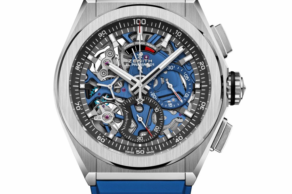 Zenith El Primero Defy 21 Blue with blue main plate and matching rubber strap.