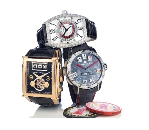 Top:Franck Muller Vegas watch ($75,400); Right:Christophe Claret 21 Blackjack ($215,000) ; Left:Girard-Perregaux Vintage Jackpot Tourbillon ($718,000). Photo by JEFF GALE