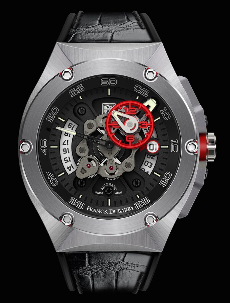 Dubarry Crazy Wheel watch in titanium with red accents. 