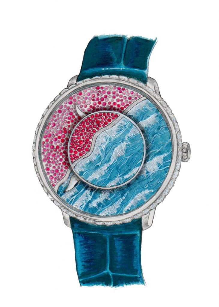 Independent watch designer, Fiona Kruger, designed the dial of the new Faberge' Lady Libertine III Dalliance watch.