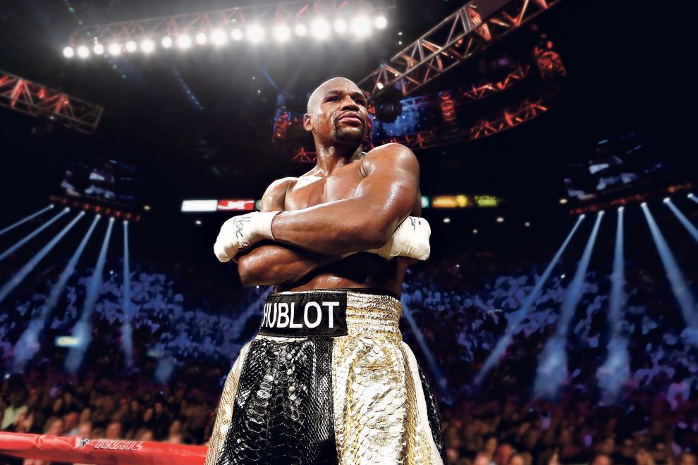 Floyd Mayweather Jr_ Floyd Mayweather Jr. with Hublot on his boxing shorts.
