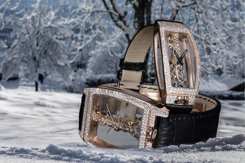 Corum Golden Bridge and Miss Golden Bridge with snow-set diamond cases.