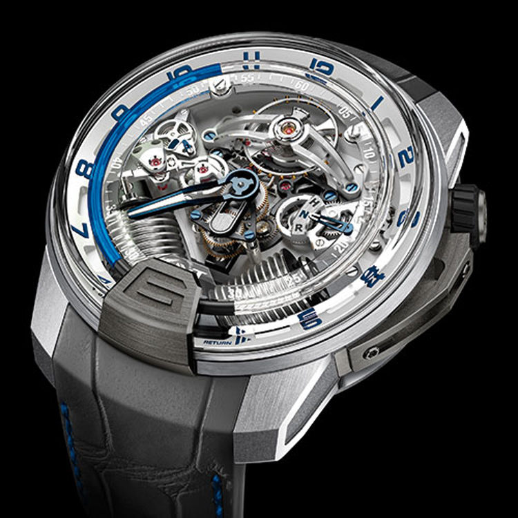 The HYT H2 Titanium and White Gold watch now features blue liquid. 