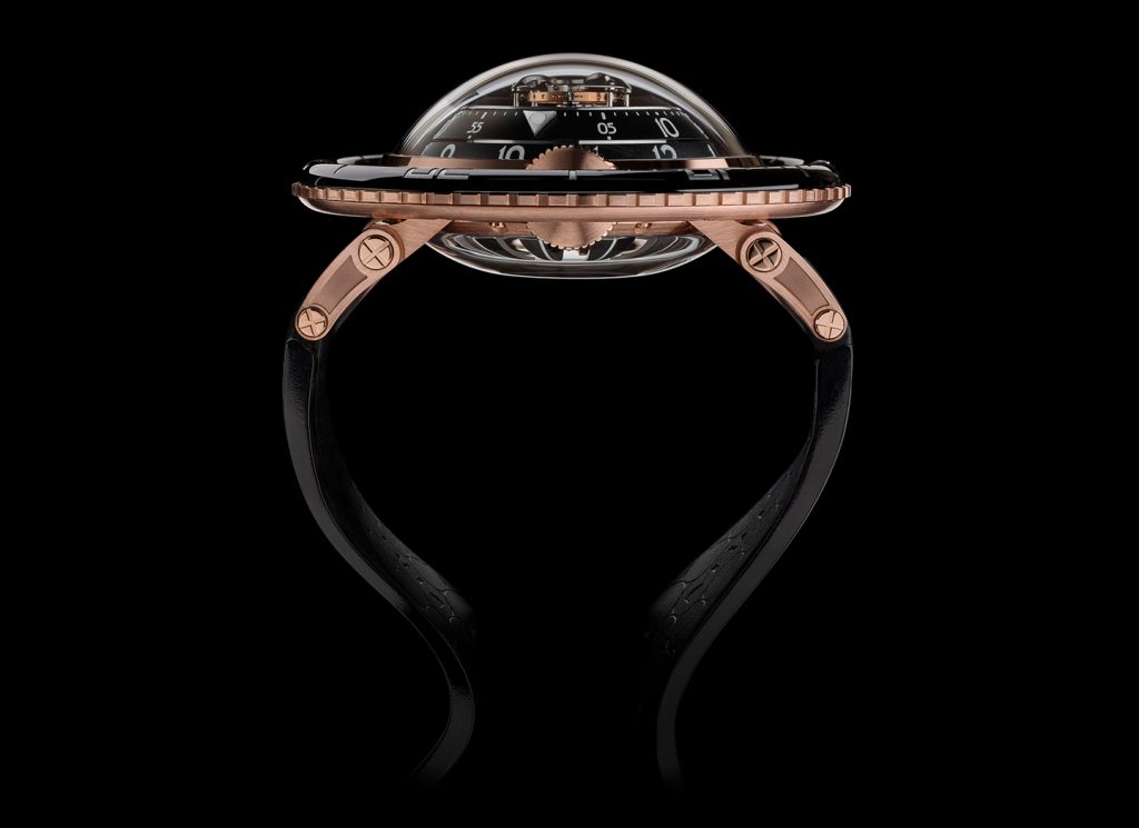 The 18-karat 5N rose gold version of the MB&F HM7 Aquapod tourbillon. 