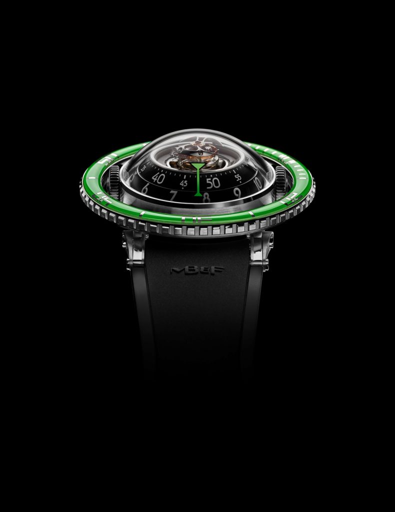 MB&F HM7 Aquapod Titanium with Green bezel houses a 303-part movement with tourbillon. 