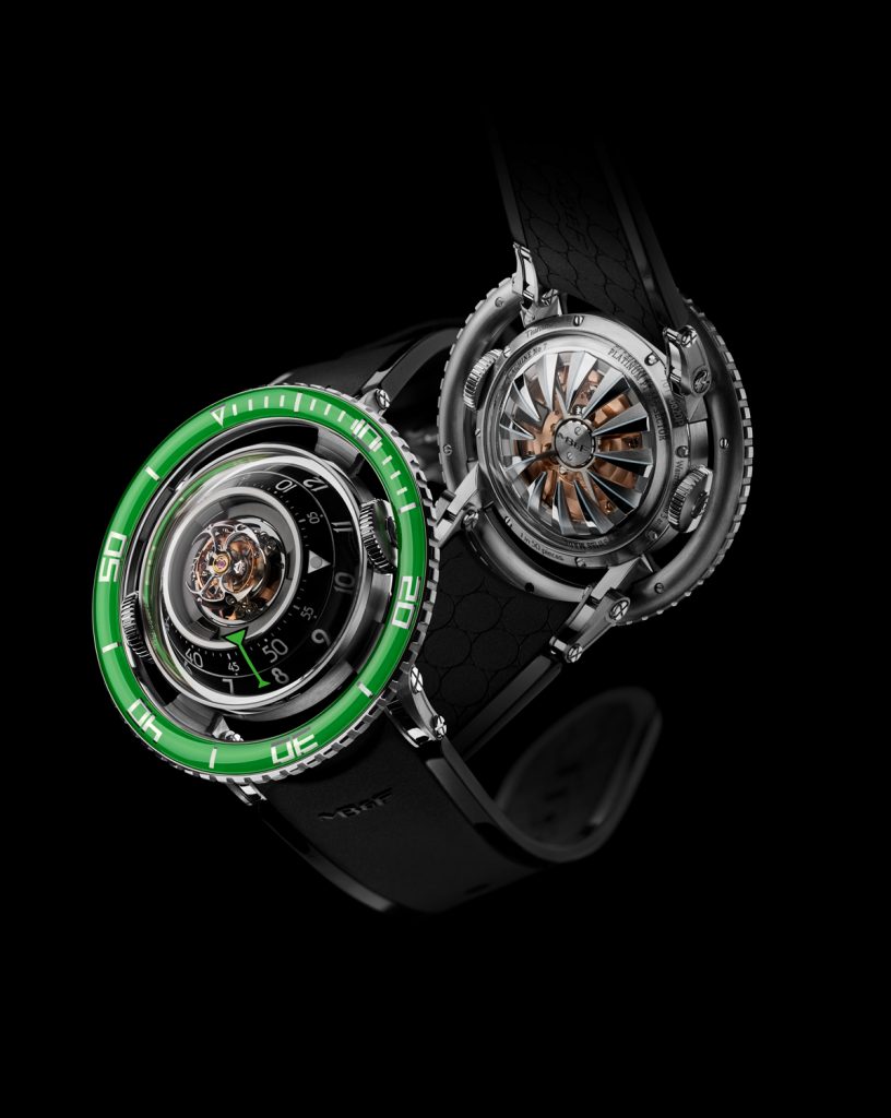 MB&F HM7 Aquapod Titanium with Green bezel houses a 303-part movement with tourbillon. 