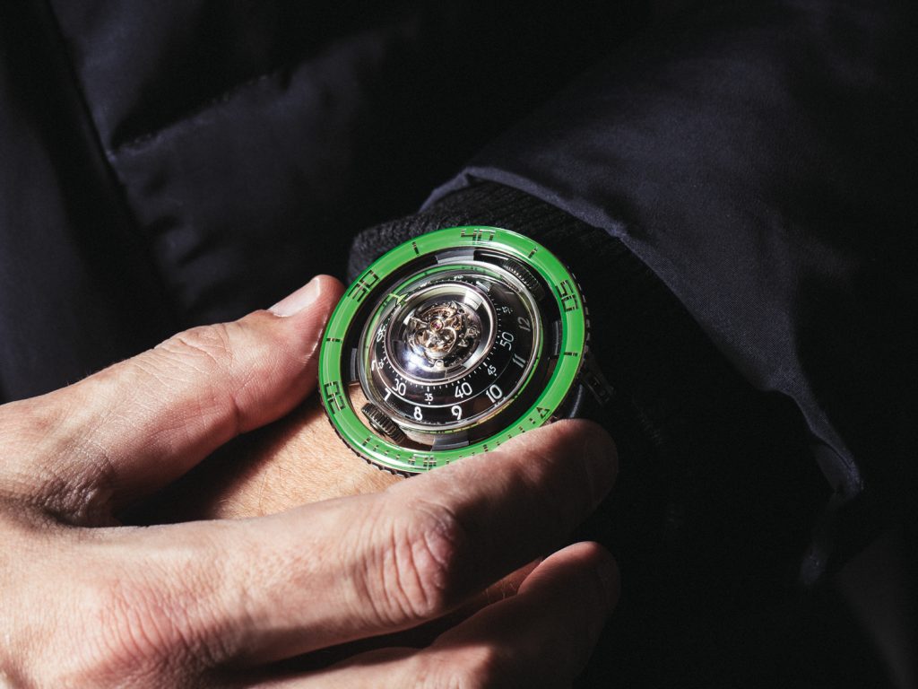 Inspired by jelly fish, the newest MB&F HM7 Aquapod is crafted in titanium with Green bezel. 