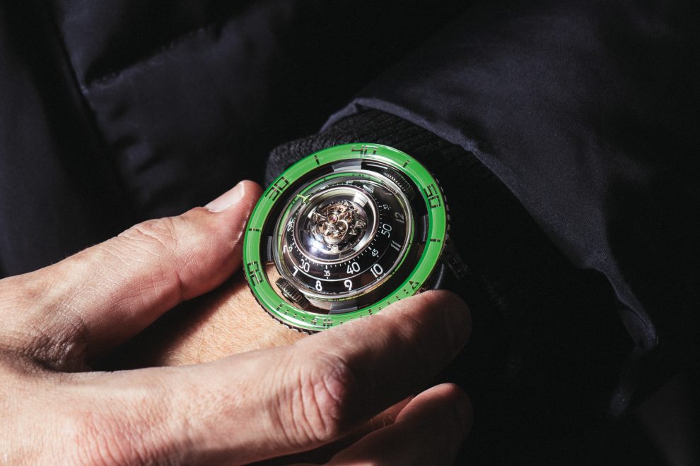 HM7_Ti_Wrist_Shot_LRES_RGB Inspired by jelly fish, the newest MB&F HM7 Aquapod is crafted in titanium with Green bezel.