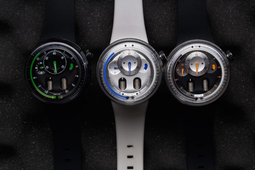 The HYT HO line is offered in three versions, black and green, titanium and orange, titanium and blue.