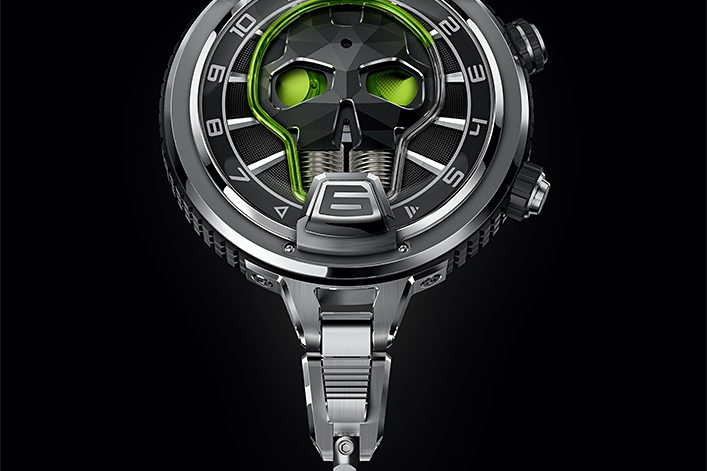 HYT-SkullPocketOpen-Mush-72-RGB HYT Skull Pocket Watch with liquid time indication and blue illumination