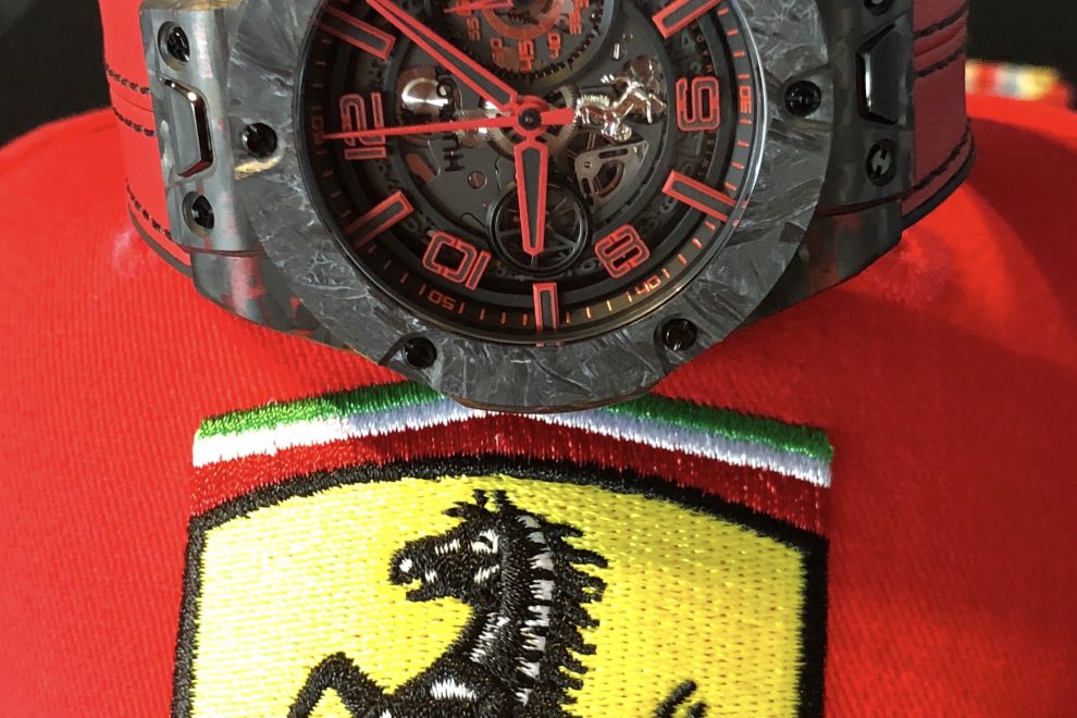 IMG_0155 Hublot Big Bang Ferrari Scuderia Corsa watch with case and bezel using materials from the team's car.